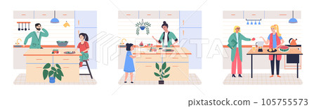 People cooking vegetarian food. Vector illustration. Smiling people cooking on home interior kitchen table. Characters cooking fresh salad and other healthy meals from fresh vegetables 105755573