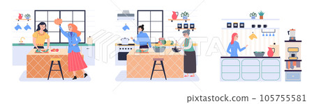 People cooking vegetarian food. Vector illustration. Cooking dietary dishes. Vegan and natural, green diet eating lifestyle tiny person. Salad in vegetable bowl. Fresh and healthy food nutrition 105755581