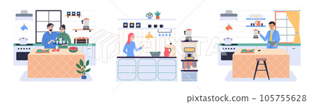 People cooking vegetarian food. Vector illustration. Man and woman with children preparing food for dinner. People cooking. Husband and wife are preparing together. Man and woman in the kitchen People cooking vegetarian food. Vector illustration. Man and woman with children preparing food for dinner. People cooking. Husband and wife are preparing together. Man and woman in the kitchen 105755628