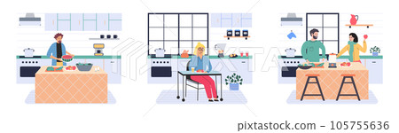 People cooking vegetarian food. Vector illustration. Fresh and healthy food. Vegetarian nutrition. Man woman dining, eat food and bake. Happy culinary. Lady at stove alone. Salad in vegetable bowl People cooking vegetarian food. Vector illustration. Fresh and healthy food. Vegetarian nutrition. Man woman dining, eat food and bake. Happy culinary. Lady at stove alone. Salad in vegetable bowl 105755636