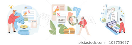 Concept of finance accounting. Young man and woman count expenses and income of company, corporate investments. Set of employees analyzing business budget. Married couple plans monthly spending 105755657