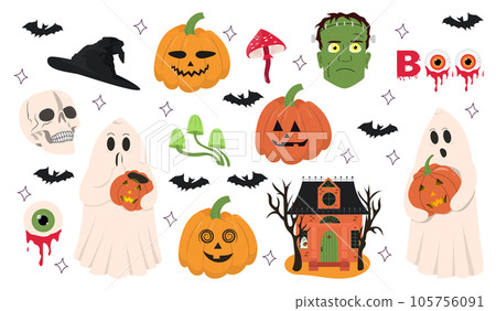 Halloween set of elements: ghost, pumpkin, frankenstein, skull and bat. Halloween set of elements: ghost, pumpkin, frankenstein, skull and bat. 105756091