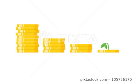 減少堆積的硬幣和枯萎的花蕾 - 用於減少金錢、損失和收入的形象的材料 105756170