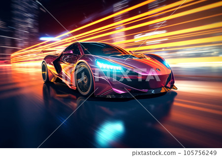 Futuristic Car in Blue Neon Lights Driving through the Night Futuristic Car in Blue Neon Lights Driving through the Night 105756249