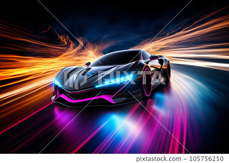 Futuristic Car in Blue Neon Lights Driving through the Night Futuristic Car in Blue Neon Lights Driving through the Night 105756250