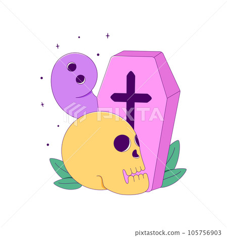 Lined Detailed Halloween Coffin with Skull and Ghost 105756903