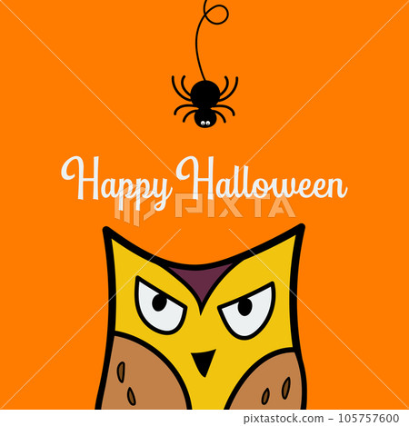 Owl face head looking up to hanging on dash line web spider doodle Owl face head looking up to hanging on dash line web spider doodle 105757600