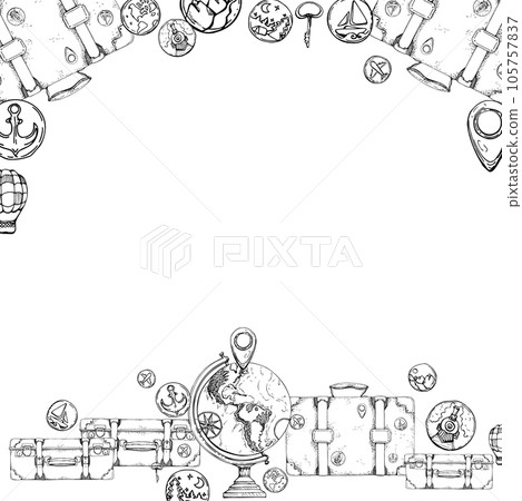 Ink hand drawn vector graphic sketch. Square frame. Old vintage suitcases with stickers and pins, photo camera, map, flask. Design for tourism, travel, brochure, booklet, wedding, guide, print, card. 105757837