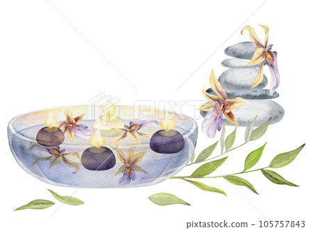 Hand drawn watercolor spa and bath beauty products accessories floating candles. Horizontal composition. Isolated on white background. Design for wellness resort, print, fabric, cover, card, booklet. Hand drawn watercolor spa and bath beauty products accessories floating candles. Horizontal composition. Isolated on white background. Design for wellness resort, print, fabric, cover, card, booklet. 105757843