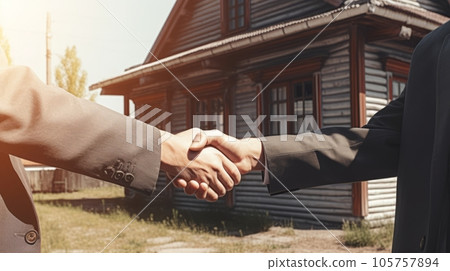 Close up of handshake of two men in suits against the background of a old country house Close up of handshake of two men in suits against the background of a old country house 105757894