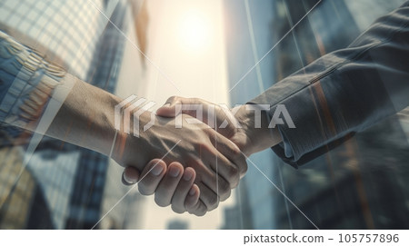 Close-up of a handshake of men in business suits, against the background of glass office buildings 105757896
