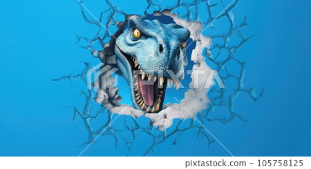 Cute T-Rex peeking out of a hole in wall, torn hole, empty copy space frame, mockup. Generative AI weber. Cute T-Rex peeking out of a hole in wall, torn hole, empty copy space frame, mockup. Generative AI weber. 105758125
