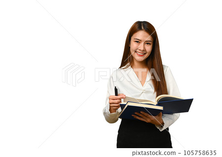 Attractive businesswoman holding books and smiling to camera, isolated on white background Attractive businesswoman holding books and smiling to camera, isolated on white background 105758635