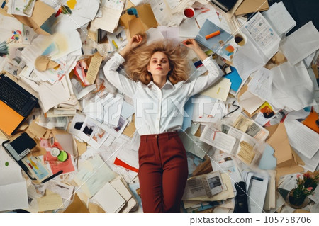 A top view of a young Scandinavian businesswoman lying on the floor that is full of papers and documents in an office scene. Generative AI AIG30. 105758706