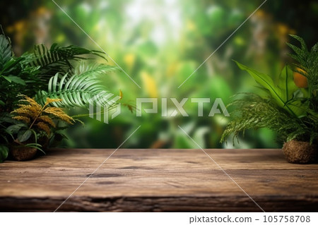 The empty rustic wooden plank table top with blur background of jungle. Generative AI AIG30. The empty rustic wooden plank table top with blur background of jungle. Generative AI AIG30. 105758708