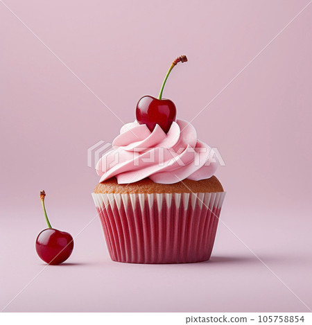 Freshly made cupcake with whipped cream on a delicate pastel background. Minimalism. Freshly made cupcake with whipped cream on a delicate pastel background. Minimalism. 105758854