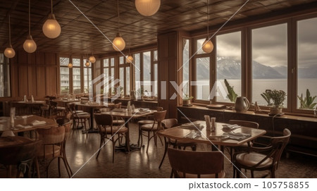 The restaurant interior with wooden furniture and lighting equipment in beautiful view outside the window. Generative AI AIG27. The restaurant interior with wooden furniture and lighting equipment in beautiful view outside the window. Generative AI AIG27. 105758855