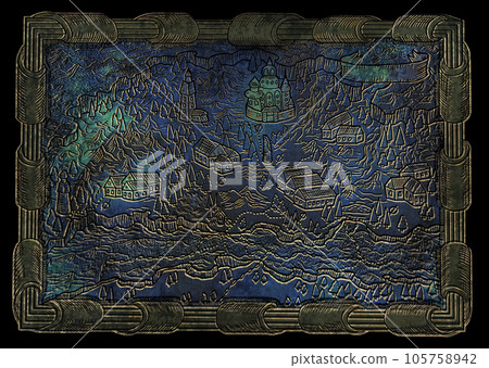 Old fantasy map with medieval unknown land, towns, mountain and trees and decorated frame against textured background. Graphic line art illustration, game concept 105758942