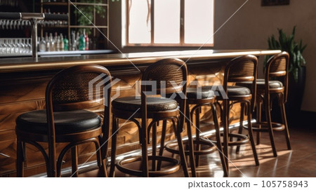 Vintage bar interior design with a row of wooden bar tables and stools. Generative AI AIG27. 105758943
