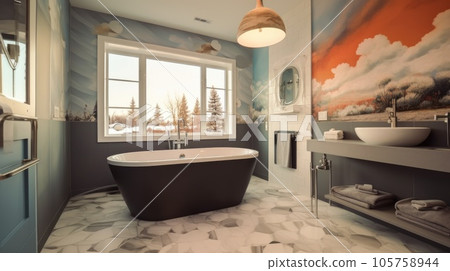 Luxurious modern small bathroom interior design with a bathtub and natural view outside the window. Generative AI AIG27. 105758944