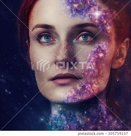 Ravishing girl portrait face merge with galaxy in double exposure. Ravishing girl portrait face merge with galaxy in double exposure. 105759137