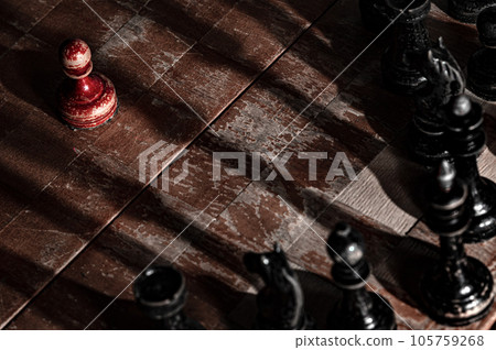 one pawn against army of black pieces. One not like other, Contrarian, On contrary, opposite, be against the trend and be non-conformist one pawn against army of black pieces. One not like other, Contrarian, On contrary, opposite, be against the trend and be non-conformist 105759268