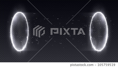 Magic portal, realistic teleport tunnel with sparkles, futuristic glowing white neon rings. Magic portal, realistic teleport tunnel with sparkles, futuristic glowing white neon rings. 105759519