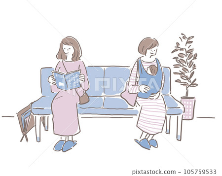 A woman holding a baby sitting on the sofa and waiting in the waiting room, and a woman reading a magazine, (color scheme pink) A woman holding a baby sitting on the sofa and waiting in the waiting room, and a woman reading a magazine, (color scheme pink) 105759533