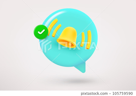Speech cloud with bell and green checkmark. 3d vector icon Speech cloud with bell and green checkmark. 3d vector icon 105759590