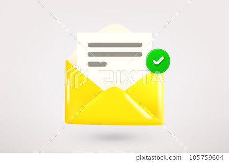 Yellow envelope with green checkmark. 3d vector icon 105759604