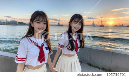 兩個高中女生在海邊是好朋友,日落,制服,水手服,AI圖像 兩個高中女生在海邊是好朋友,日落,制服,水手服,AI圖像 105759701