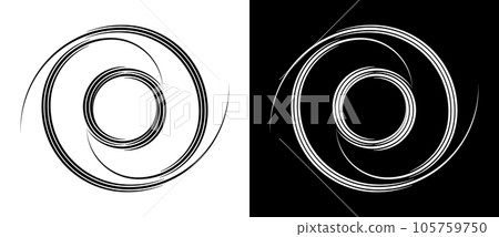 Circle abstract background with lines in spiral. Illusion of dynamic transition. Black lines on a white background and white lines on the black side. Circle abstract background with lines in spiral. Illusion of dynamic transition. Black lines on a white background and white lines on the black side. 105759750