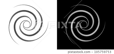 Circle abstract background with lines in spiral. Illusion of dynamic transition. Black lines on a white background and white lines on the black side. Circle abstract background with lines in spiral. Illusion of dynamic transition. Black lines on a white background and white lines on the black side. 105759753