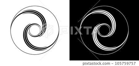 Circle abstract background with lines in spiral. Illusion of dynamic transition. Black lines on a white background and white lines on the black side. 105759757