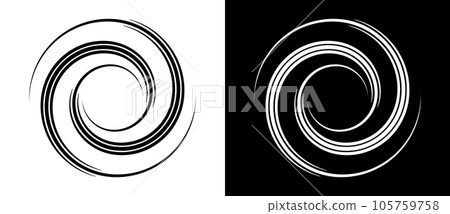 Circle abstract background with lines in spiral. Illusion of dynamic transition. Black lines on a white background and white lines on the black side. Circle abstract background with lines in spiral. Illusion of dynamic transition. Black lines on a white background and white lines on the black side. 105759758