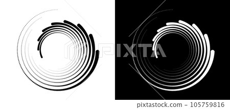 Circle abstract background with dynamic halftone dots in spiral. Black shape on a white background and the same white shape on the black side. Circle abstract background with dynamic halftone dots in spiral. Black shape on a white background and the same white shape on the black side. 105759816