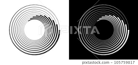 Circle abstract background  with dynamic halftone dots in spiral. Black shape on a white background and the same white shape on the black side. 105759817
