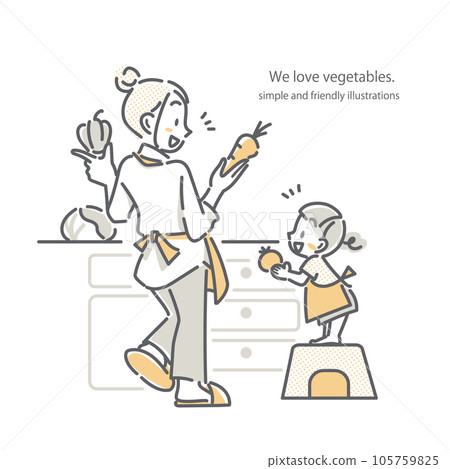 A girl helping her mother in the kitchen Simple and stylish line drawing illustration A girl helping her mother in the kitchen Simple and stylish line drawing illustration 105759825
