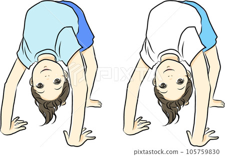 Elementary school girl doing a bridge with a smile in a physical education or gymnastics club 105759830