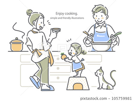A young family enjoying cooking together Simple and stylish line drawing illustration A young family enjoying cooking together Simple and stylish line drawing illustration 105759981