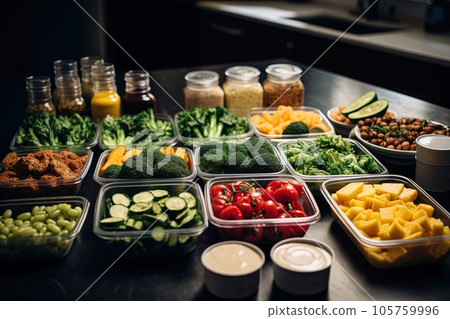 Healthy boxed diet on the table in an apartment, full of vegetables and healthy snacks. 105759996