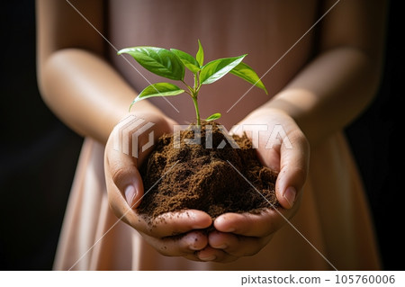 Child holds a small blooming plant in hand. Child holds a small blooming plant in hand. 105760006