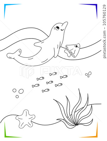 Black and white dolphin, starfish, seaweed Coloring page. Underwater inhabitants vector illustration. Black and white dolphin, starfish, seaweed Coloring page. Underwater inhabitants vector illustration. 105760129