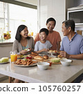 asian family gathered around breakfast table in kitchen - AI MidJourney 105760257