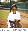 African American boy playing baseball in little league - AI MidJourney 105760289