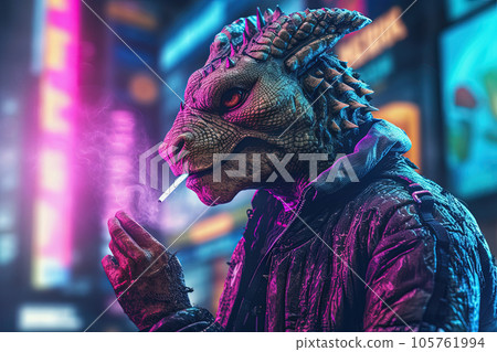 Cyber punk sci fi animal creature in futuristic neon lit city Cyber punk sci fi animal creature in futuristic neon lit city 105761994