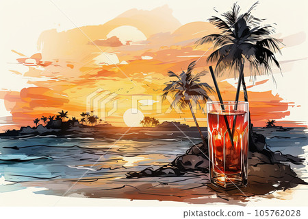 Tropical cocktails on beach with colorful sea sunset background. Watercolor pop art style illustration Tropical cocktails on beach with colorful sea sunset background. Watercolor pop art style illustration 105762028