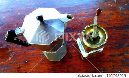 A moka coffee maker and an antique coffee grinder on the table in the garden. A moka coffee maker and an antique coffee grinder on the table in the garden. 105762029