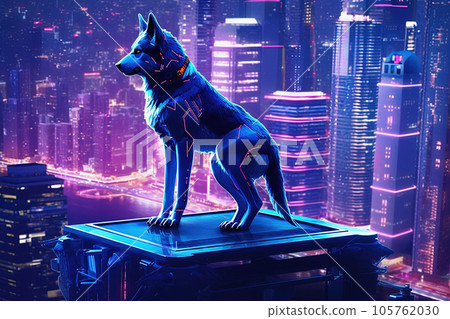 Cyber punk sci fi animal on top of skyscraper. Rebellious creature in futuristic neon lit city Cyber punk sci fi animal on top of skyscraper. Rebellious creature in futuristic neon lit city 105762030