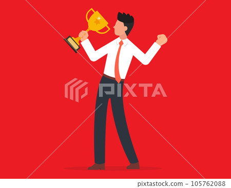 Business awards and achievements. Business man holding a trophy with joy 105762088